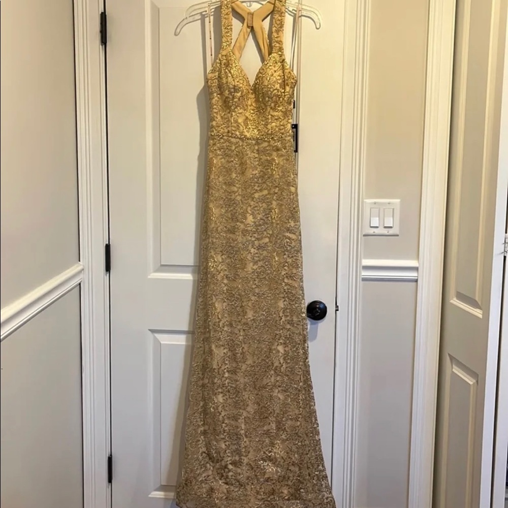 Long Formal Dress > Size 2 > Gold Design > Beaded/Padded/Slightly Longer Tail